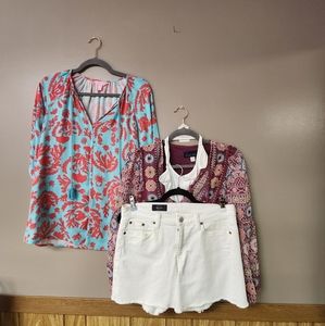 3 piece bundle: Blue Rain boho top,s;  Lilly Pulitzer top, xs;sz 29 white shorts
